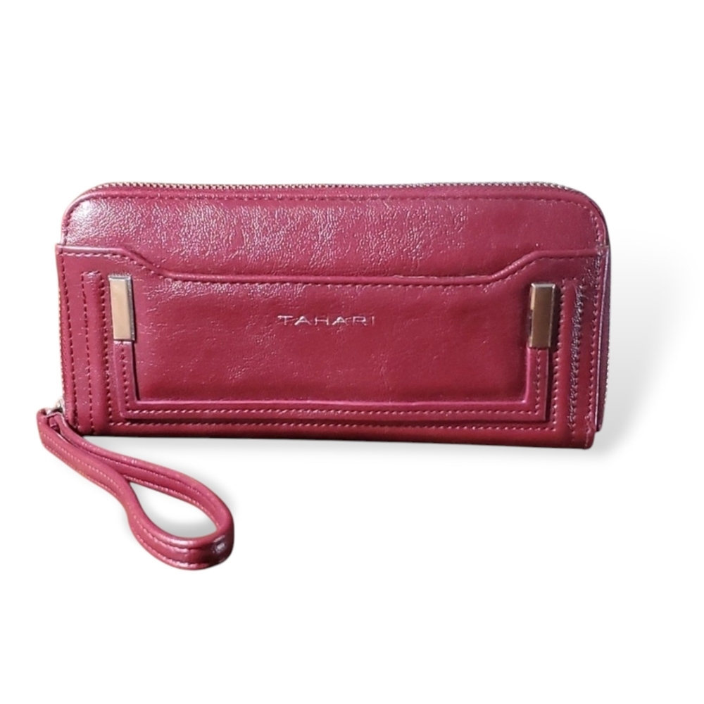 Tahari 8x4" Wallet Continental Wristlet Zipper Around RFID Burgundy Red Long